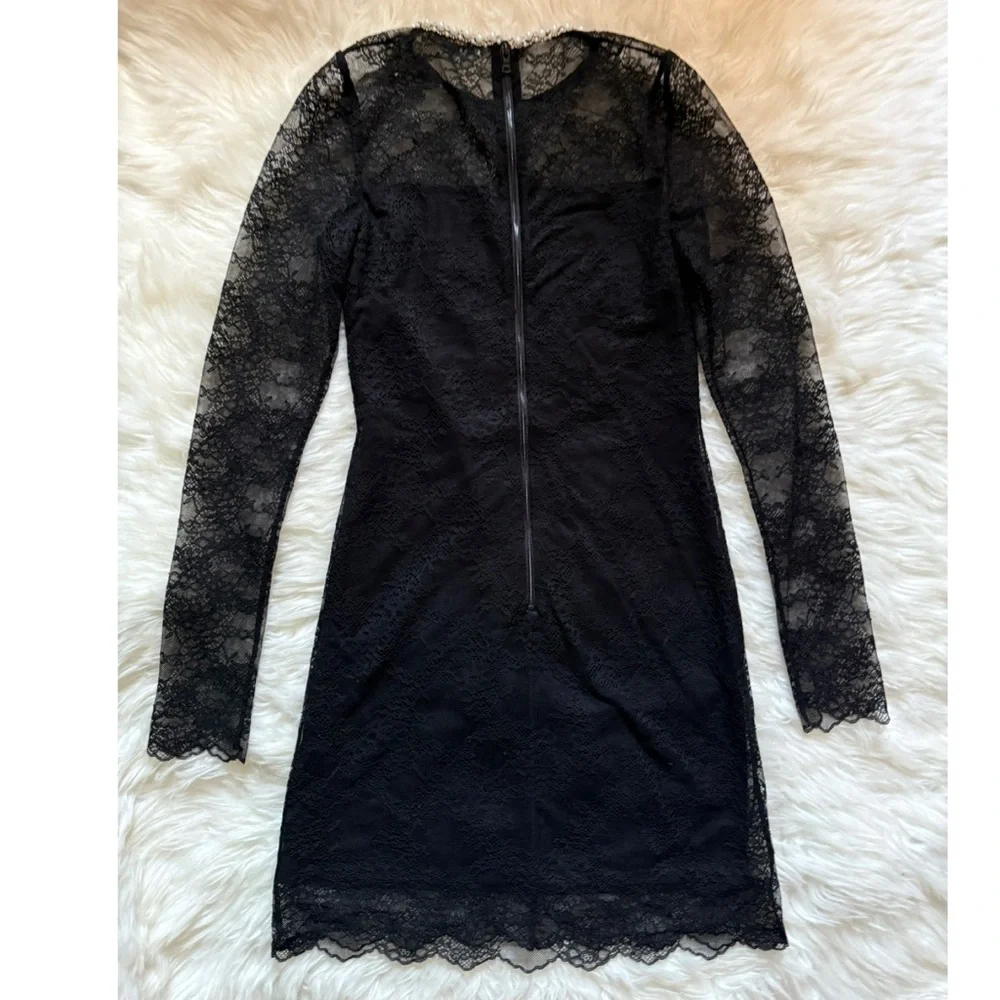 New! ALICE + OLIVIA “Delora” Embellished Neck Black Lace Mini Dress - Picture 9 of 11